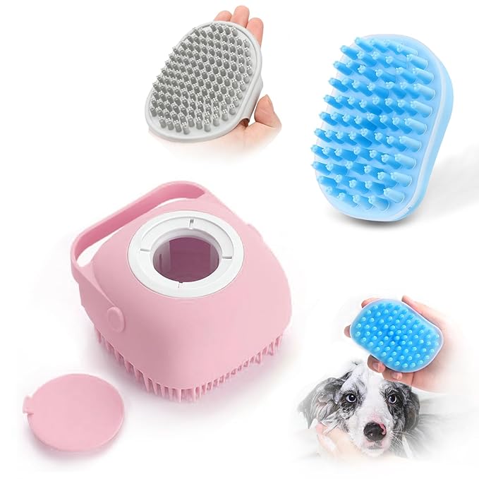 ELEGX Pet Grooming Bath Massage Brush with Soap and Shampoo Dispenser Soft Silicone Bristle for Long Short Haired Dogs Cats Shower (2 Massage Brush + Pink)