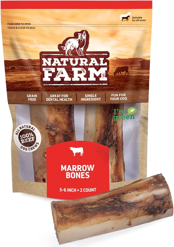 Natural Farm Dog Bones for Large Dogs (5-6 Inch, 2-Pack), 100% Beef Bone Marrow Dog Treats, High in Minerals & Vitamins, Grain-Free, Long-Lasting Bones Chews, Supports Dental Health