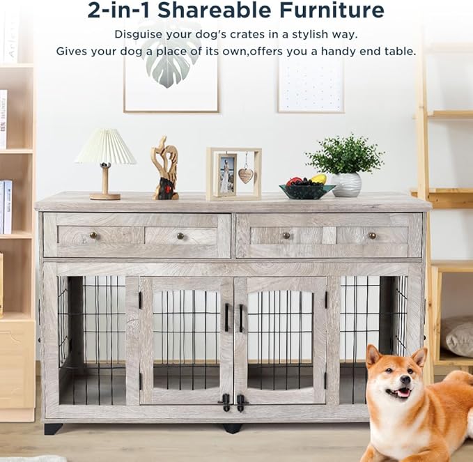 2 Rooms Dog Crate Furniture for Big Breed,58" Wooden Dog Crate Table with 2 Drawers,Indoor Dog Kennel,Dog House,Dog Cage,TV Stand (Grey)