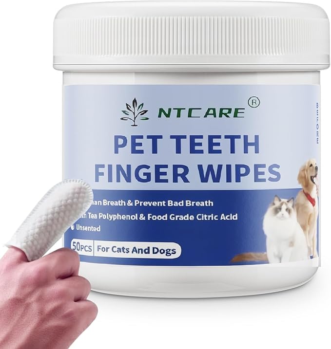 Dog Dental Care Finger Wipes - Teeth Cleaning Finger Wipes for Dog & Cats - Tooth Brushing Kit Dental Wipes for Dog - Reduces Plaque & Freshens Breath (Unscented) 50 Counts