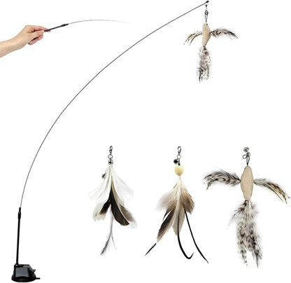 TTcat Cat Wand Toys with Suction Cup, Interactive Bird Simulation Cat Toy Set,Cat Teaser Cat Toys,Flexible Steel Wire and 3Pcs Replacement Feather Refills with Bells.