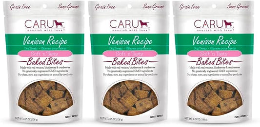 Caru - Soft n Tasty Baked Bites - Venison Bites Dog Treats - Flavorful Training Treats - 3.75 oz Bags - Pack of 3
