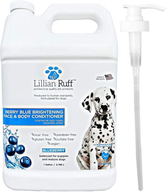 Lillian Ruff Berry Blue Brightening Face & Body Conditioner for Dogs & Cats - Tear Free Blueberry Conditioner - Remove Tear Stains, Hydrate Dry Skin, Add Shine & Luster to Coats - (Gallon W/Pump)