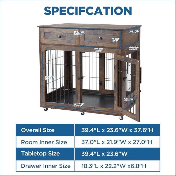 2 Dog Crate Furniture with 2 Drawer,39.4" Wooden Large Dog Kennel Crate End Table with Wheels (Brown)