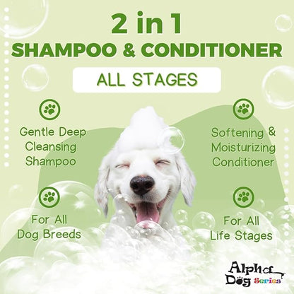 Alpha Dog Series All Stages Natural Dog Shampoo and Conditioner Set with Aloe Vera pH Balanced Dog Grooming Shampoo and Conditioner for Dogs, Tear-Free Moisturizing Dog Shampoo, 26.4 Oz (Pack of 6)