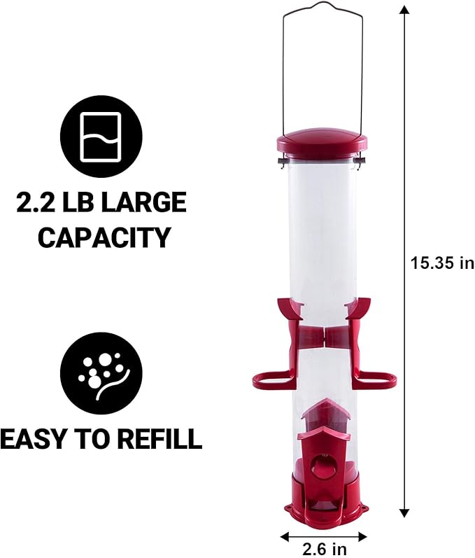 Tube Bird Feeder for Outdoors Hanging Finch Feeders for Outsides Metal 4 Ports & U Perches Squirrel Chew Proof, Removable Base, Easy to Fill & Clean, Red Attracts More Wild Birds
