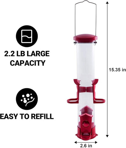 Tube Bird Feeder for Outdoors Hanging Finch Feeders for Outsides Metal 4 Ports & U Perches Squirrel Chew Proof, Removable Base, Easy to Fill & Clean, Red Attracts More Wild Birds