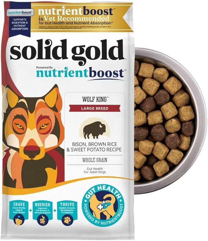Solid Gold Bison Dry Dog Food for Large Dogs  High Protein, Whole Grain Kibble with Real Bison, Brown Rice & Omega 3  Large Kibble w/Probiotics for Gut Health - Adult Dog Food - Nutrientboost¢â22LB