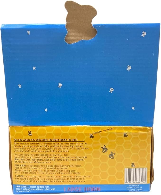 Honey I'm Home, Large Buffalo Horn Hard Dog Chew, 10 Piece Bulk Box - All Natural, Free Range, Healthy, Grain Free & Honey Coated
