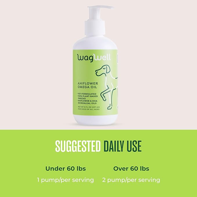WagWell Ahiflower Omega Oil - Vet-Formulated Skin, Coat, Hip and Joint Supplement for Dogs - Plant-Based Omega 3, 6 and 9 Supplement - Natural Non-GMO Dog Omega Oil, 8 fl.oz. Pump Bottle