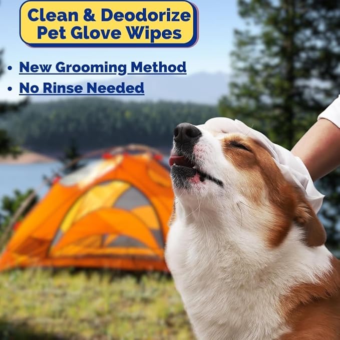 Pet Bathing Glove Wipes for Dogs and Cats, Lick Safe Deodorizing No Rinse Cleaning Glove Wipes with Plant-Based Cat Calming Ingredient, Cleaning Paws, Face, Fur and Butt (10 Pcs)