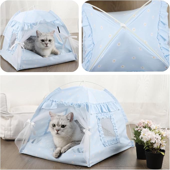 Cat Bed Tents Dog House Indoor Outdoor Lace Mesh Breathable Windows Door Curtains Removable Portable Nest Teepe House (Medium,Blue)
