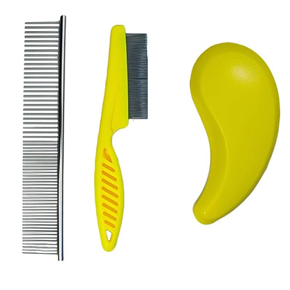 3 PCS Puppy Brush Grooming Kit, Stainless Steel Flea Comb, Fit for Yorkie, Shih Tzu, Maltipoo, Soft Bristle (Yellow)