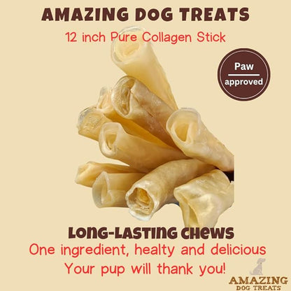 Amazing Dog Treats - Large Collagen Stick - (12 Inch - 4 Count) - Beef Cheek Rolls for Dogs - 100% Pure Collagen Sticks - No Hide Bones