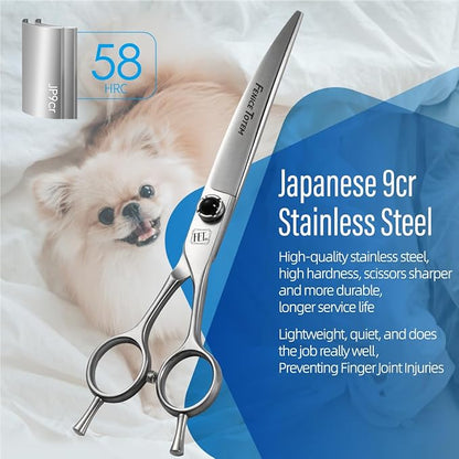 Dog Grooming Scissors: 7 inch Pet Curved Shears Made Of Japanese 9CR Advanced Stainless Steel Professional Grooming Scissors for Dogs Cats and Other Pets