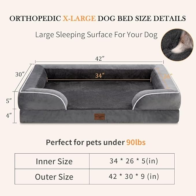Cooling Dog Bed, Memory Foam Orthopedic Dog Bed, Dog Beds for Extra Large Dogs, XL Dog Bed with Removable Cover, Waterproof Pet Bed Large with Bolster(X-Large,Leaden Grey)