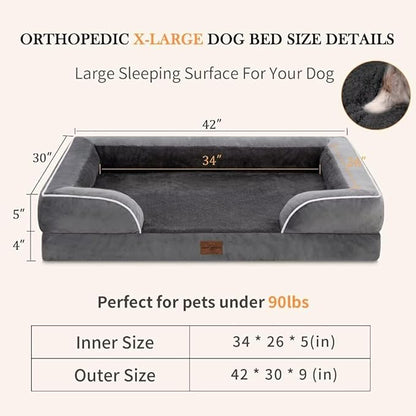 Cooling Dog Bed, Memory Foam Orthopedic Dog Bed, Dog Beds for Extra Large Dogs, XL Dog Bed with Removable Cover, Waterproof Pet Bed Large with Bolster(X-Large,Leaden Grey)