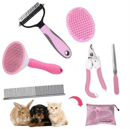 6-Piece Pink Grooming Brush dogs & Cat, Dog hair brush for Grooming small dogs, Puppy Brush for Small Dogs, Includes Bunny Nail Clippers with Case Pink, Easy to Transpor
