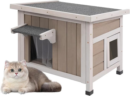 22.44" L Cat House,Feral Cat Shelter for Summer Cats,Outdoor Weatherproof Cat Enclosure with Openable Asphalt Roof & 2 Escape Doors for Small Cats,Suit for 1-2 Cat,Grey