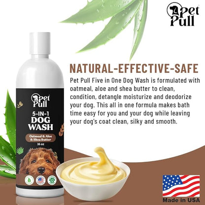 5-in-1 Dog Wash - Plant Based Dog Grooming Supplies for Dogs Cleanses - Skin Care Dog Wash Shampoo - Sulfate Free, All Natural Puppy Wash Made in USA (16 Fl Oz) (Oatmeal, Aloe, Shea-Butter)