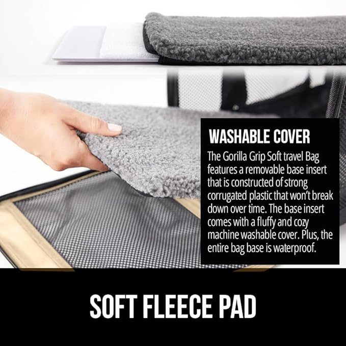 GORILLA GRIP Cat Carrier Travel Bag Up to 15 Lbs, Soft Collapsible Small Dog Carriers, Top and Side Entry Breathable Mesh, Grip Feet on Underside, Cozy Washable Waterproof Pad, Portable Kennel, Beige