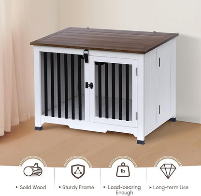Wooden Dog Crate Furniture,Foldable and Portable Dog Kennel Furniture Indoor,Decorative Dog Crate End Table No Assembly.(Large,White)