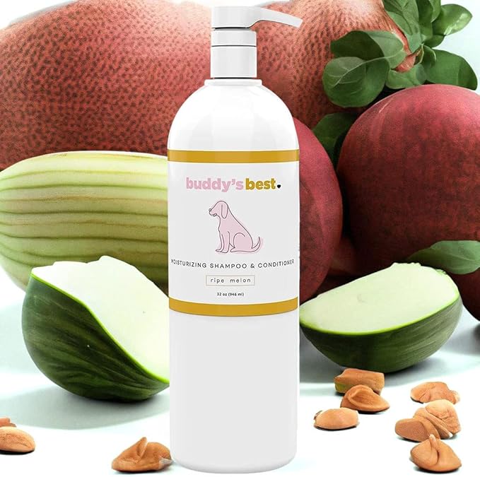 Buddy's Best, Dog Shampoo and Conditioner in One - Natural Oatmeal Shampoo for Dogs with Sensitive Skin - Moisturizing Dog Wash (32 Fl Oz, Ripe Melon)