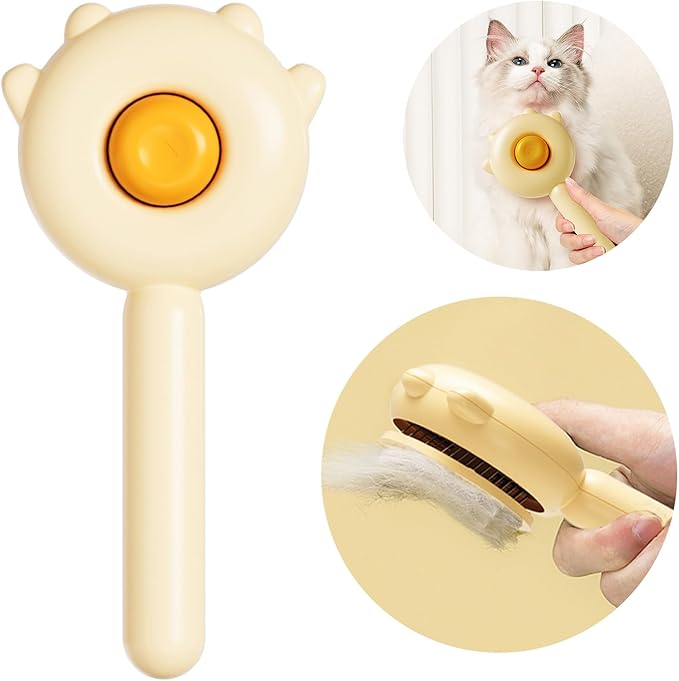 Paw Cat Brush with Release Button, Self Cleaning Cat Brush for Shedding, Cat Hair Brush for Grooming Long and Short Haired Cats Dogs (Yellow)