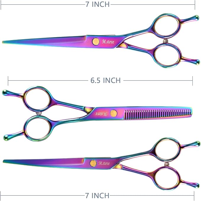 Dog Scissors for Grooming with Safety Blunt Tip, Dog Grooming Scissors Set for Pets, Professional 7 in 1 Shears for Dogs and Cats - 6CR Coated Steel (Rainbow)