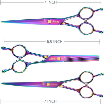 Dog Scissors for Grooming with Safety Blunt Tip, Dog Grooming Scissors Set for Pets, Professional 7 in 1 Shears for Dogs and Cats - 6CR Coated Steel (Rainbow)