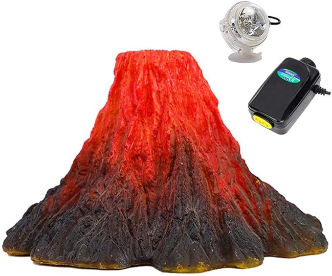 Tank Decoration Volcano Ornament Lava Explosion Look Aquarium Decorations with Multi-Color LED Spotlight for Fish Tank (M)