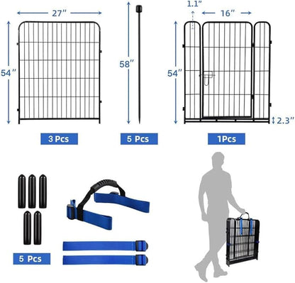 ADAVIN Tall Garden Fence with Low Threshold Door,54 in(H) 4 Panels Total 8.8 Ft(L) Fencing for Dogs, Garden Fence Animal Barrier, Black Iron Metal Heavy Duty Dog Fence Outdoor for Yard