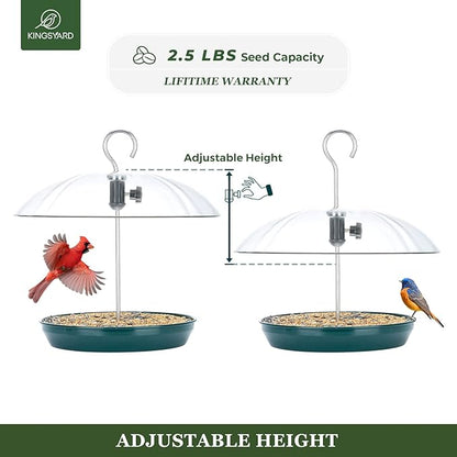 Kingsyard Adjustable Platform Bird Feeder for Outdoors Hanging, Metal Tray Bird Feeder with Dome Top, Attract Bluebirds Cardinals Goldfinches (Green)