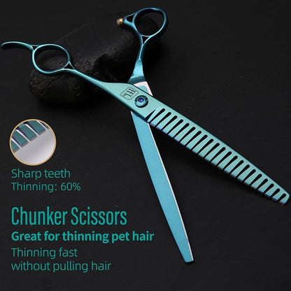 Dog Grooming Scissors: Blueish Green 7.5 inch Professional Pet Chunker Shears Made Of Japanese 440C Advanced Stainless Steel for Dogs Cats and Other Pets