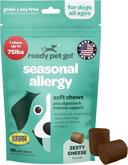 Dog Allergy Chews with Probiotics | Seasonal Allergy Chews for Dogs with Wild Alaskan Salmon Oil & Colostrum | Environmental Dog Allergy Support | NASC Certified & Made in The USA | 60 Chews