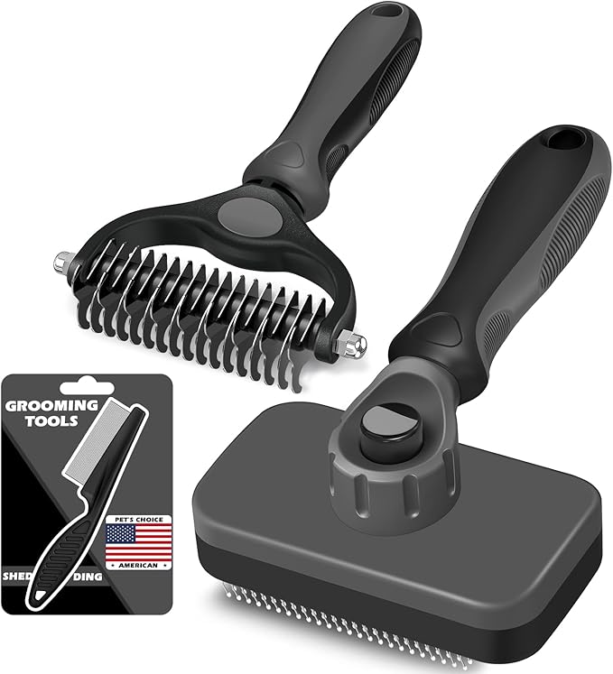 3PCS Self Cleaning Slicker Brush & Pet Grooming Rake & Flea Comb for Dogs,Cats and Horses | Double-Sided Dematting Comb & Skin Friendly Deshedding Grooming Tool | Premium Pet Supplies（Gray Black)