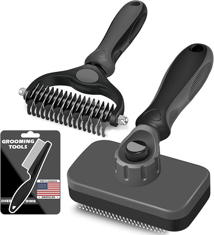 3PCS Self Cleaning Slicker Brush & Pet Grooming Rake & Flea Comb for Dogs,Cats and Horses | Double-Sided Dematting Comb & Skin Friendly Deshedding Grooming Tool | Premium Pet Supplies（Gray Black)