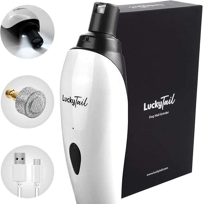 LuckyTail Pet Nail Grinder for Dogs and Cats - Super Quiet and Low Vibration Electric Dog Nail Grinder with 2 LED Lights - USB Rechargeable and Cordless - 2 Speeds - Small to Large Pets