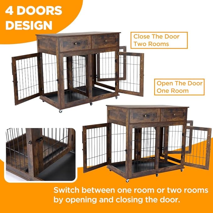 Dog Crate Furniture with Storage,39.4" Large Wooden Dog Kennel Crate End Table with Divider,Dog Cage Dog House Indoor (Rustic Brown)