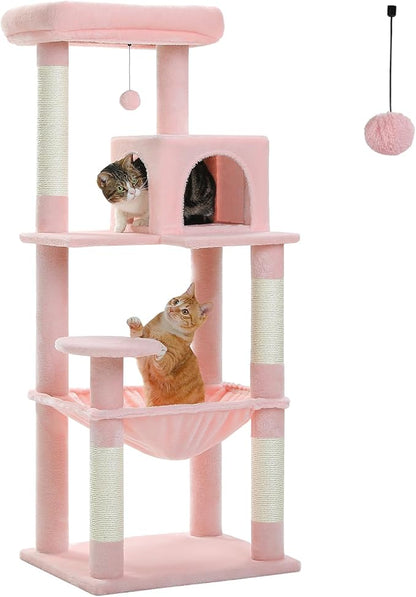 PETEPELA 56.3'' Tall Cat Tree for Indoor Cats, Multi-Level Cat Tower with Super Large Hammock (20''X16''), Sisal Covered Scratching Posts, Cozy Condo and Top Perch,Pink