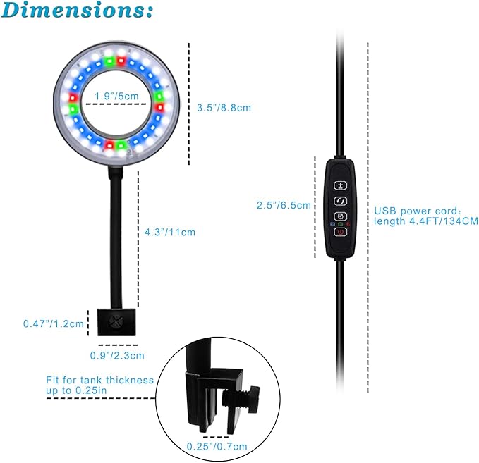 DOMICA Clip On Aquarium Light with Timer for 1 to 3 Gal Fish Tank (Dimmable White+Blue+Red LED) USB Moving Lamp for Open Terrarium (Adapter NOT Included)