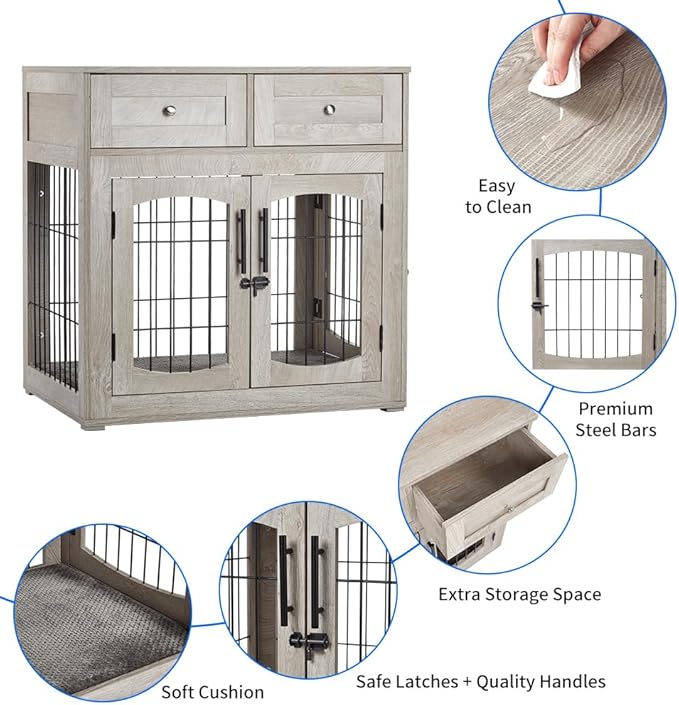 Dog Crate Furniture with Double Drawers, Wooden End Table Dog Kennel, Furniture Style Wood House Crate for Small/Medium/Large Dogs, Decorative Dog Crate with Storage for Large Breed, 32 Inch,Gray