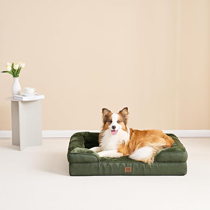 EHEYCIGA Orthopedic Dog Beds for Large Dogs, Waterproof Memory Foam Large Dog Bed with Sides, Non-Slip Bottom and Egg-Crate Foam Large Dog Couch Bed with Washable Removable Cover, Dark Green