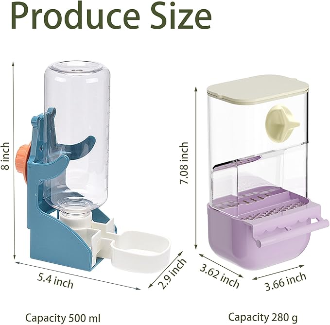 No Mess Bird Feeder Water Dispenser Set, Automatic Transparent Parrot Feeder Acrylic Parrot Food Container Drinker Cage Accessories for Small Birds Canary Parakeet Finch (Purple + Blue, 1)