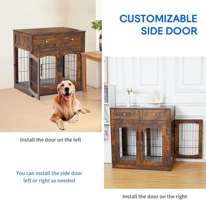 Dog Crate Furniture with Double Drawers, Wooden End Table Dog Kennel, Furniture Style Wood House Crate for Large Dogs, Decorative Dog Crate with Storage for Large Breed, 40 Inch Retro