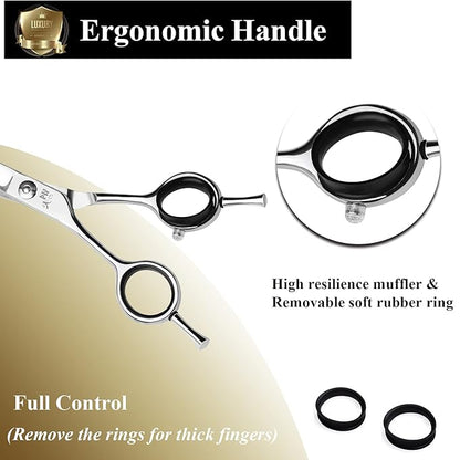 6" Hair Cutting Scissors Professional Curved Grooming Scissors for Small Dogs Cat & Hairstyle Barber Haircut Shears Japanese Stainless Steel Silent Adjustable Tension Removable Soft Ring