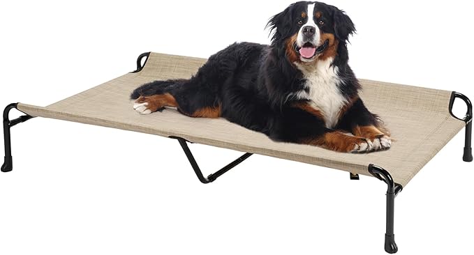 Veehoo Cooling Elevated Dog Bed, Raised Dog Beds for Large Dogs, Outdoor Dog Bed with Guardrail, Upgraded Non-Slip Feet, Breathable Teslin Mesh, Portable Camping Dog Cot, XXLarge, Beige Coffee CWC2404