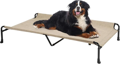 Veehoo Cooling Elevated Dog Bed, Raised Dog Beds for Large Dogs, Outdoor Dog Bed with Guardrail, Upgraded Non-Slip Feet, Breathable Teslin Mesh, Portable Camping Dog Cot, XXLarge, Beige Coffee CWC2404