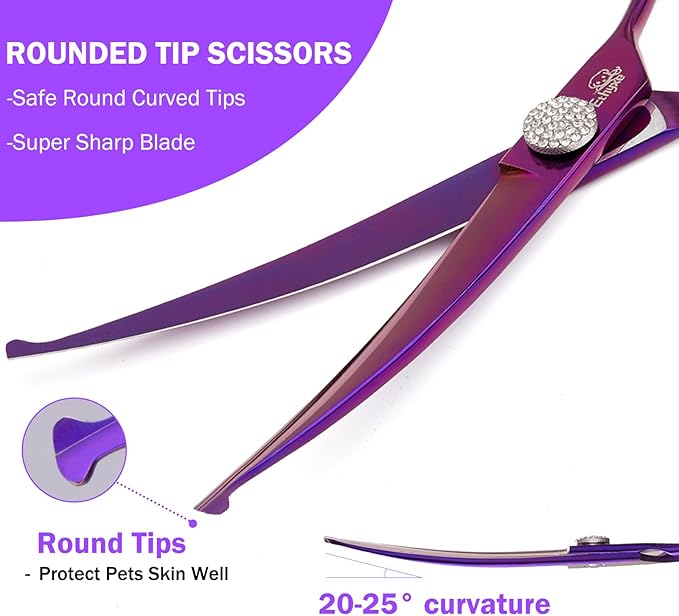 7" Curved Dog Grooming Scissors  Professional 440C Stainless Steel Pet Shears with Safety Round Tips and Sharp Blades for Body Facial Nose Ear and Paw Hair Easy Use
