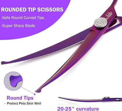 7" Curved Dog Grooming Scissors  Professional 440C Stainless Steel Pet Shears with Safety Round Tips and Sharp Blades for Body Facial Nose Ear and Paw Hair Easy Use